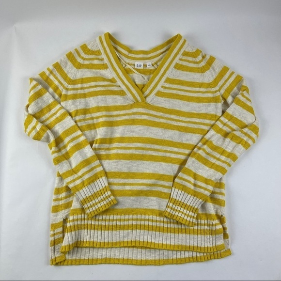 Gap Womens Sweater Vneck Yellow White Striped Side Slits Small - Picture 1 of 7